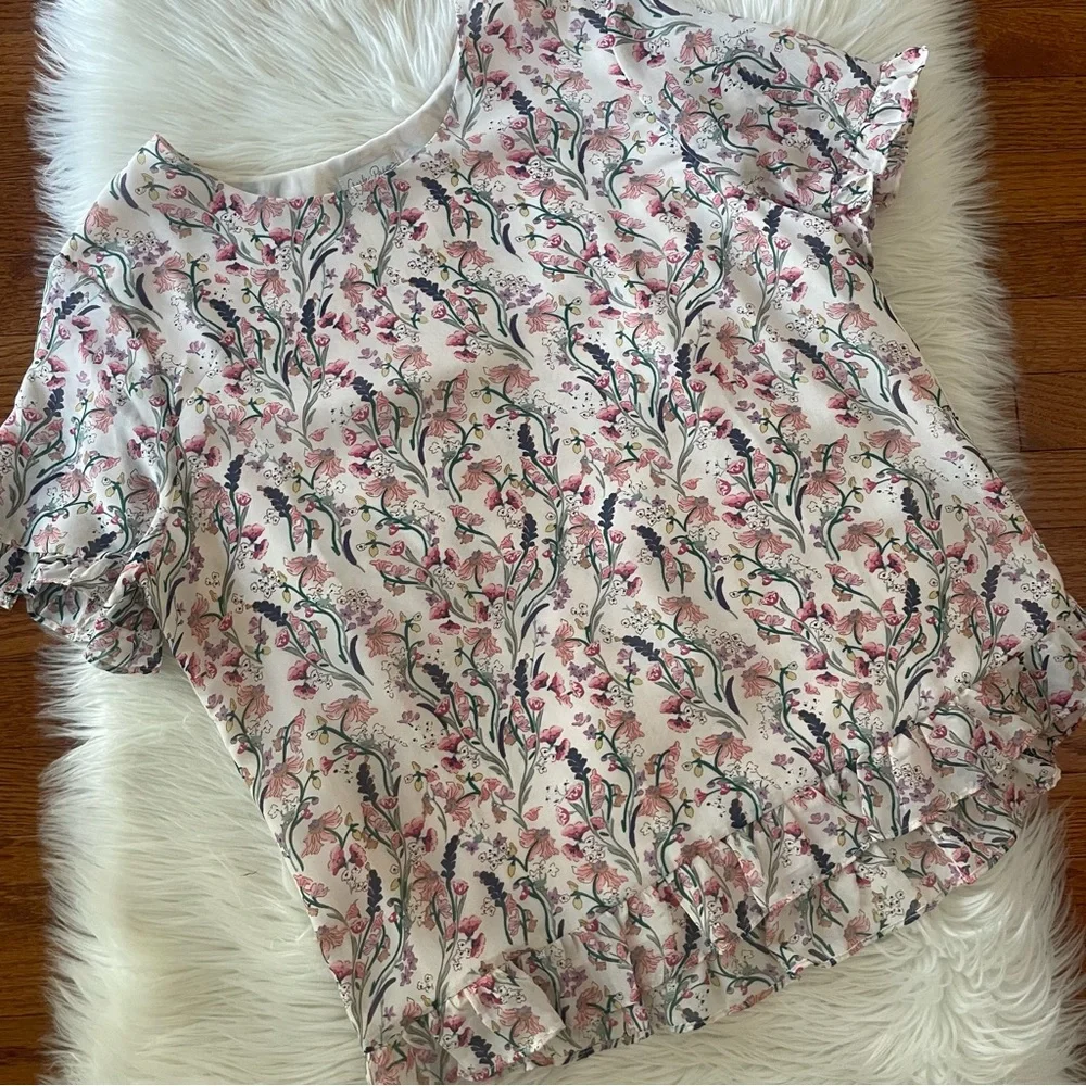 Charlie Paige Floral Lined Short Sleeve Ruffle Blouse Size Large Spring Office - Picture 2 of 6